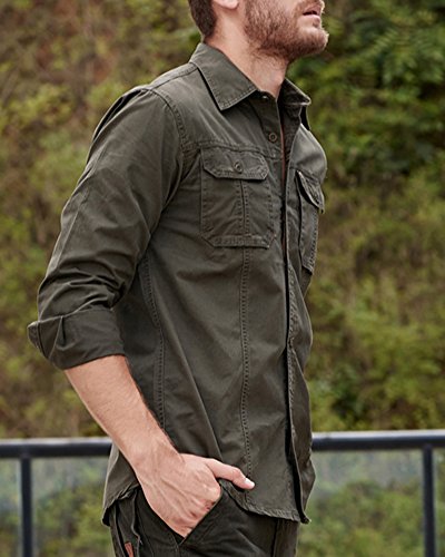 Hombre Camisas Manga Larga Militar Estilo Color Sólido Camiseta De Acampada Y Senderismo Verde del Ejército XL