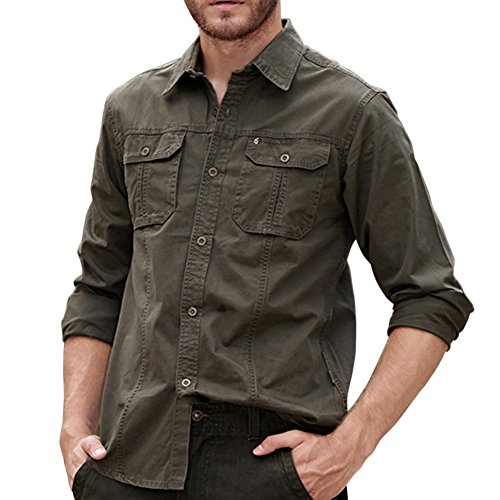 Hombre Camisas Manga Larga Militar Estilo Color Sólido Camiseta De Acampada Y Senderismo Verde del Ejército XL