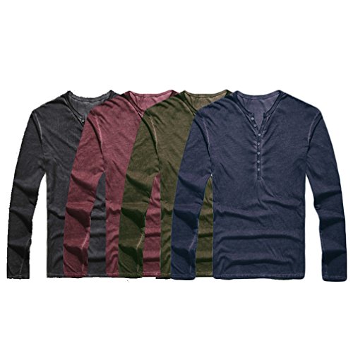 Hombre Cuello En V Camisetas Manga Larga Botón En Slim para Camisa Ocio Color Sólido La Moda Blusa Superior Retro Henley Camisas 3 Colores M-3XL
