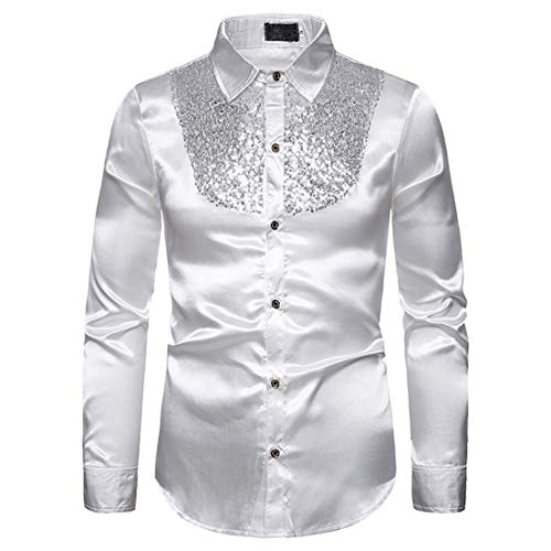 Hombres Camisa de Manga Larga de Solapa de Lujo, Lentejuelas de Baile de Graduación Informal Fiesta de Discoteca Satén de Seda Cena Traje de Anfitrión de Esmoquin (Blanco, XL)