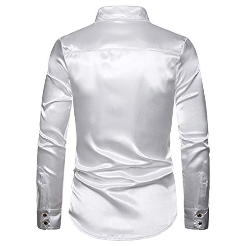 Hombres Camisa de Manga Larga de Solapa de Lujo, Lentejuelas de Baile de Graduación Informal Fiesta de Discoteca Satén de Seda Cena Traje de Anfitrión de Esmoquin (Blanco, XL)