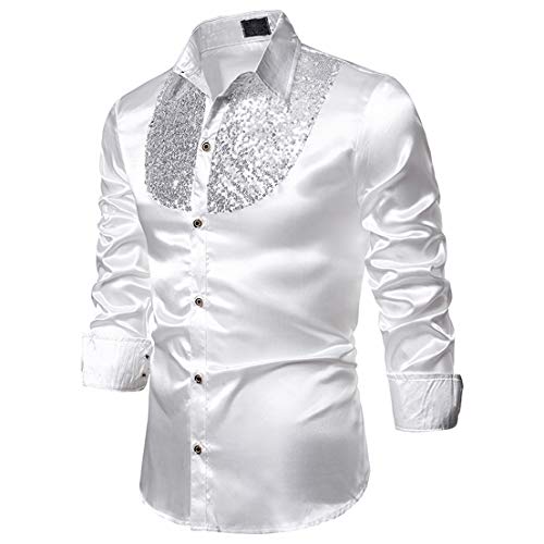 Hombres Camisa de Manga Larga de Solapa de Lujo, Lentejuelas de Baile de Graduación Informal Fiesta de Discoteca Satén de Seda Cena Traje de Anfitrión de Esmoquin (Blanco, XL)