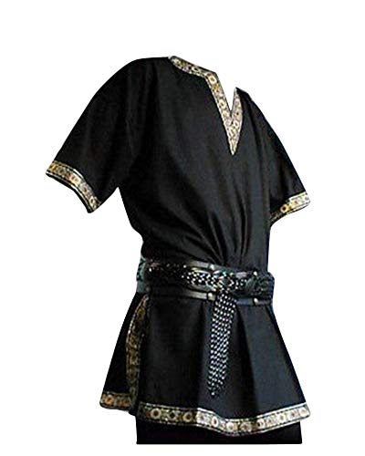 Hombres Manga Corta Medieval De Los Tunica Medieval Camisa con Cuello En V Sin Correa Traje Negro L