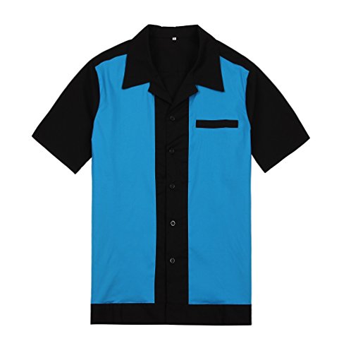 Hombres Negro Azul Rockabilly Retro Americano Botón Motocicleta Acampar Camisas Hip Hop Vaquero - M
