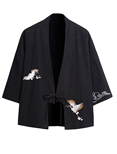 Hombres Primavera Verano Algodón Lino Japón Happi Kimono Haori Chaqueta Ropa de Fiesta Vintage Loose Japanese Yukata Transition Jacket (Color : Schwarz, Size : EU M =XL)