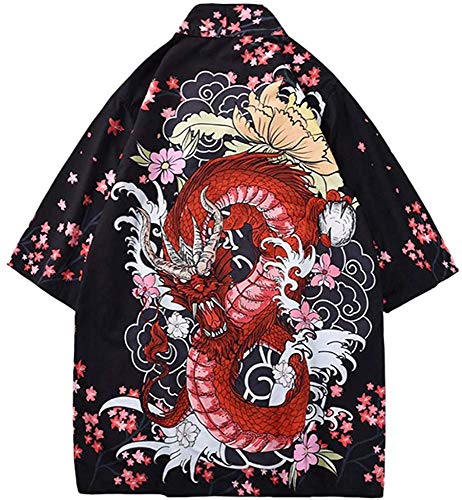 Hombres Vintage Japonés Kimono， Cárdigan Kimono De Moda Japonesa para Hombre Chaqueta Haori Yukata Frente Abierto Tallas Grandes Abrigo Tradicional Siete Mangas Sueltas,H-M