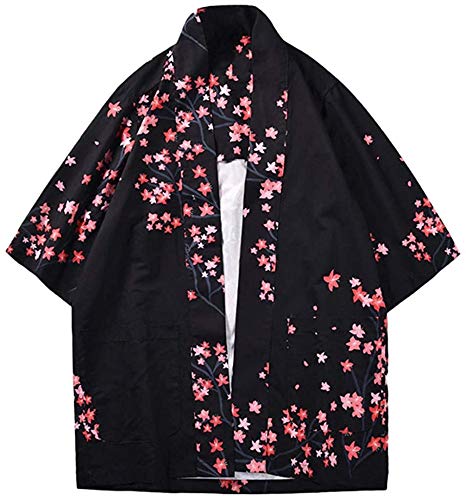 Hombres Vintage Japonés Kimono， Cárdigan Kimono De Moda Japonesa para Hombre Chaqueta Haori Yukata Frente Abierto Tallas Grandes Abrigo Tradicional Siete Mangas Sueltas,H-M