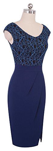 HOMEYEE Elegante con Cuello en V sin Mangas Floral Bordado Partido hasta la Rodilla Bodycon Vestido de cóctel B431(EU 38 = Size M,Azul Oscuro)