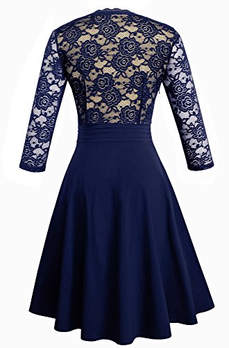 HOMEYEE Mujer Vintage 3/4 Mangas de Encaje Floral Bordado cóctel Flared Vestido A062 (EU 36 = Size S, Azul Oscuro)