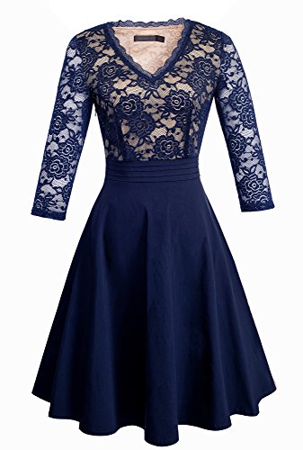 HOMEYEE Mujer Vintage 3/4 Mangas de Encaje Floral Bordado cóctel Flared Vestido A062 (EU 36 = Size S, Azul Oscuro)