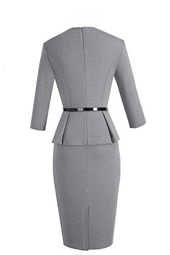 HOMEYEE Negocio Vestido de Mujer Cuello Redondo Peplo Cinturón B473 (EU 44 = Size XXL, Gris)