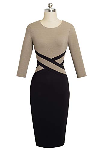 HOMEYEE Vestido Casual de Negocios con Cuello Redondo y Manga 3/4 con Cuello Redondo de Manga Corta para Mujer B463(EU 40 = Size L,Marrón)