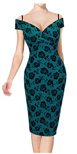 HOMEYEE – Vestido ceñido de mujer con estampado floral vintage, con tirantes, hombros descubiertos, largo hasta la rodilla, B309 Verde verde S