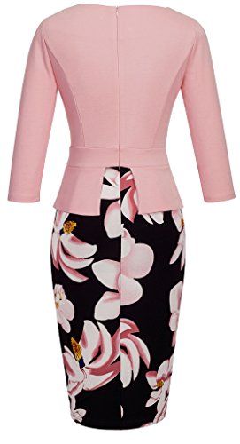 HOMEYEE - Vestido - Corte Imperio Floral Cutaway Sin Mangas - para Mujer B288 (36 = Small, Rosa Claro + Floral - Manga 3/4)