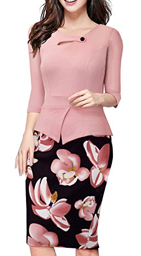 HOMEYEE - Vestido - Corte Imperio Floral Cutaway Sin Mangas - para Mujer B288 (36 = Small, Rosa Claro + Floral - Manga 3/4)