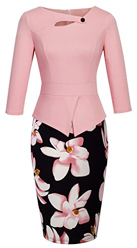 HOMEYEE - Vestido - Corte Imperio Floral Cutaway Sin Mangas - para Mujer B288 (36 = Small, Rosa Claro + Floral - Manga 3/4)