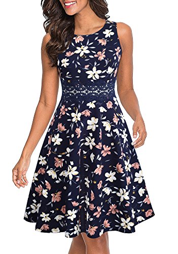 HOMEYEE Vestido de cóctel sin Mangas Bordado de la Vendimia de Las Mujeres UKA079 (EU 40 = Size L, Azul Oscuro + Floral)