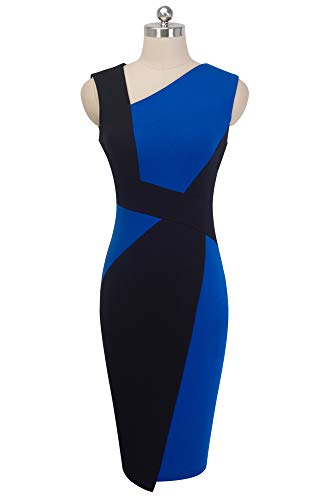 HOMEYEE Vestido sin Mangas de Negocios con Contraste en Color elástico Vintage de Mujer B517 (EU 38 = Size M, Azul + Negro)