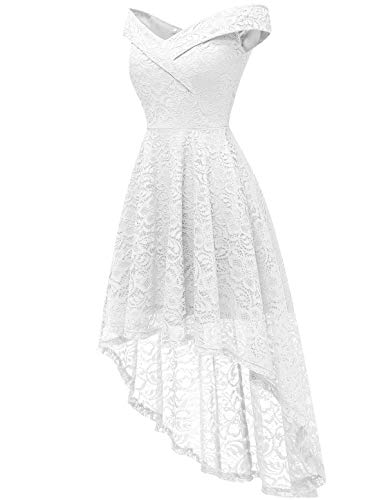 Homrain Vestido Cóctel Vintage A-línea Hi-Lo Elegante Encaje Fiesta Noche Vestido para Mujer White 3XL