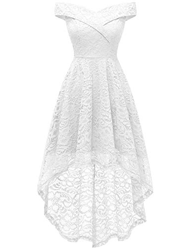 Homrain Vestido Cóctel Vintage A-línea Hi-Lo Elegante Encaje Fiesta Noche Vestido para Mujer White XL