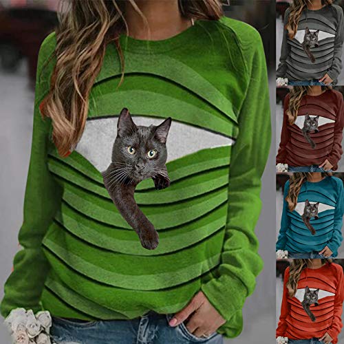 HoSayLikes Blusa de Mujer Casual Sudadera Cuello Pico Dibujos Animados Gato A Rayas Suelto Suave Manga Larga Pullover Tops Camiseta Otoño Invierno Mujer…