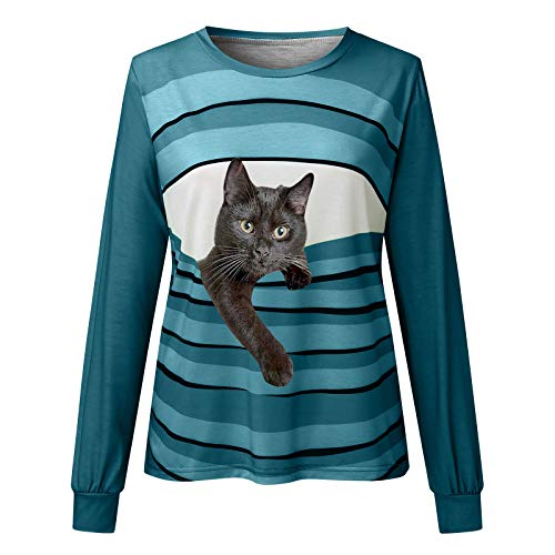 HoSayLikes Blusa de Mujer Casual Sudadera Cuello Pico Dibujos Animados Gato A Rayas Suelto Suave Manga Larga Pullover Tops Camiseta Otoño Invierno Mujer…