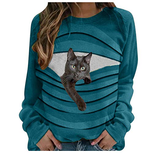 HoSayLikes Blusa de Mujer Casual Sudadera Cuello Pico Dibujos Animados Gato A Rayas Suelto Suave Manga Larga Pullover Tops Camiseta Otoño Invierno Mujer…