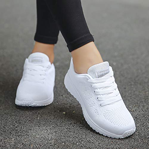 Hoylson Zapatillas de Deportivos para Mujer Running Zapatos Asfalto Ligeras Calzado Aire Libre Sneakers(Blanco, EU 40)