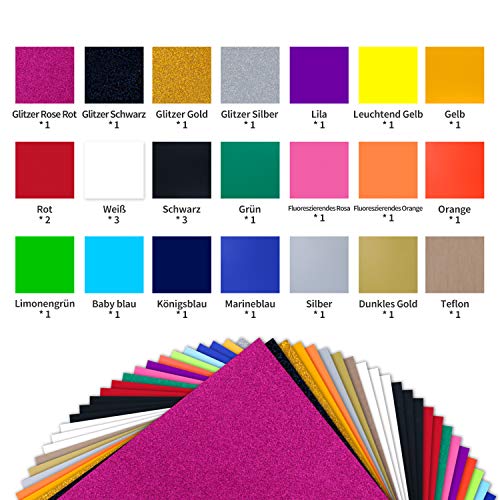 HTVRONT Plotterfolie Textil - 26 Pack Flexfolie 30.48 cm x 25.4 cm para DIY camisetas & telas (20 colores)