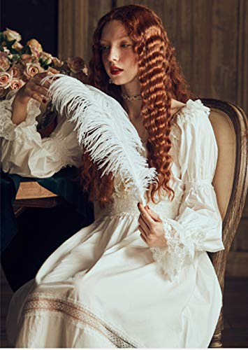 HUANSUN Camisón de señora Retro Elegantes Camisones Vintage de Encaje Blanco Ropa de Dormir Vestido de algodón de Manga Larga camisón, algodón, L