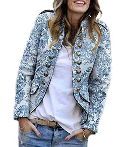 Huateng Chaqueta Militar con Cuello Alto para Mujer Botones Chaqueta Decorada Chaquetas con Estampado de Leopardo Chaquetas