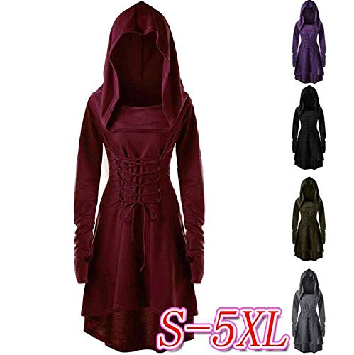 huateng Vestido con Capucha para Mujer Medieval Renacimiento gótico Steampunk Capa Uniforme Capa Cruzada Cordón asimétrico Dobladillo Retro