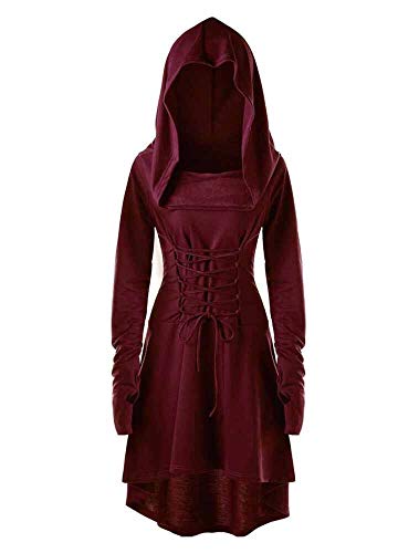 huateng Vestido con Capucha para Mujer Medieval Renacimiento gótico Steampunk Capa Uniforme Capa Cruzada Cordón asimétrico Dobladillo Retro