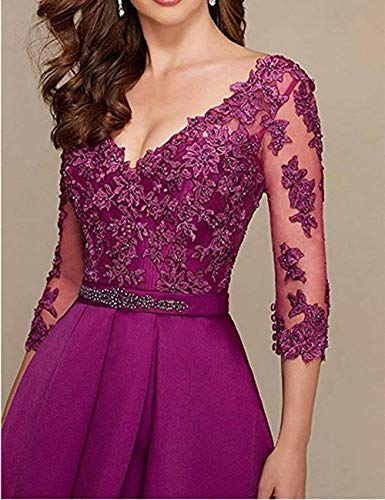 HUINI Vestido de Noche Vestidos de Boda Vintage con Cuello en V Traje de Ceremonia Vestidos de Fiesta de Encaje Malva 46