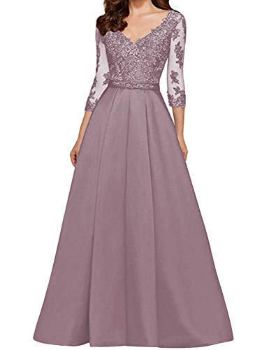 HUINI Vestido de Noche Vestidos de Boda Vintage con Cuello en V Traje de Ceremonia Vestidos de Fiesta de Encaje Malva 46