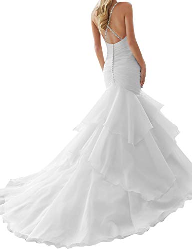 HUINI Vestido Sirena Correa Mujer Boda Ceremonia Vestido Cuello V de Novia Noche Cóctel Tirantes Organza Blanco 44