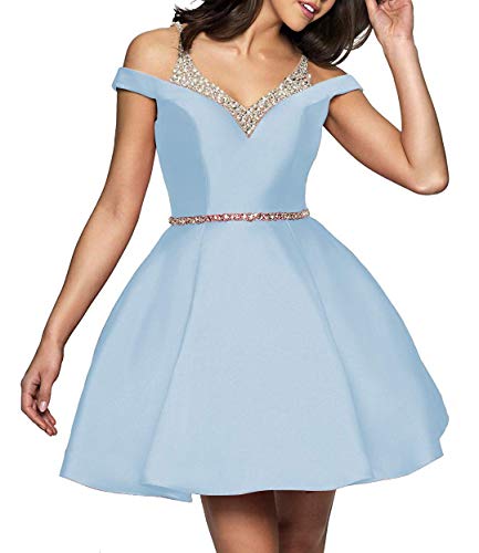 HUINI Vestidos de Cóctel Cortos Satén para Dama de Honor Vestidos de Baile Vestidos de Fiesta Cuello en V Vestidos de Noche A-Linea Azul Claro 56