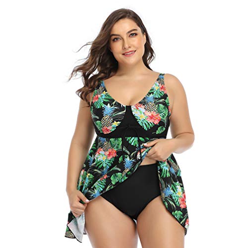 HZQIFEI Tankini de 2 Piezas - Mujeres Traje de Baño Falda Estampado Floral Bañador con Braga Conjuntos de 2 Piezas Talla Grande (Black#1, 4XL)