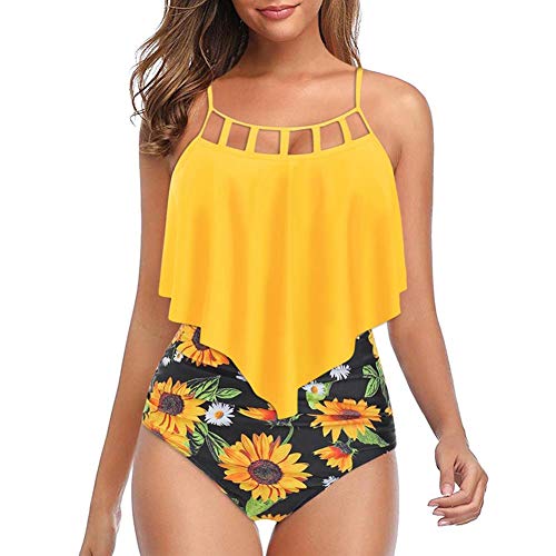 IBAKOM Mujer Traje de Baño Strappy Camisola Top Volantes Flores Cintura Alta Braguitas Inferiores Bañador Conjunto Amarillo S