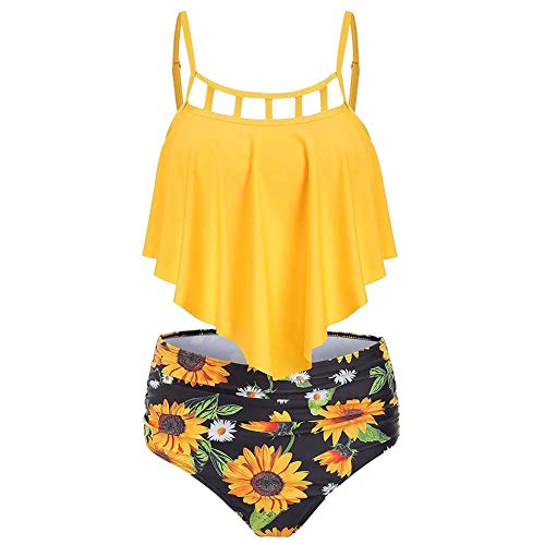 IBAKOM Mujer Traje de Baño Strappy Camisola Top Volantes Flores Cintura Alta Braguitas Inferiores Bañador Conjunto Amarillo S