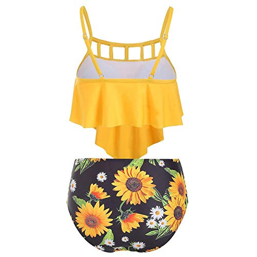 IBAKOM Mujer Traje de Baño Strappy Camisola Top Volantes Flores Cintura Alta Braguitas Inferiores Bañador Conjunto Amarillo S