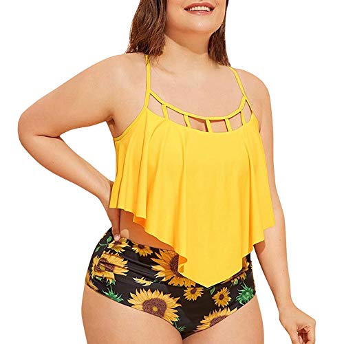 IBAKOM Mujer Traje de Baño Strappy Camisola Top Volantes Flores Cintura Alta Braguitas Inferiores Bañador Conjunto Amarillo S