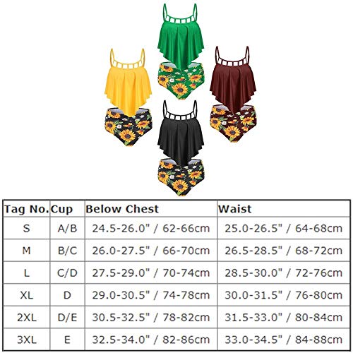 IBAKOM Mujer Traje de Baño Strappy Camisola Top Volantes Flores Cintura Alta Braguitas Inferiores Bañador Conjunto Amarillo S