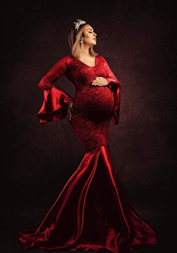 IBTOM CASTLE Mujeres embarazadas manga larga elegante vestido de sirena de encaje floral maternidad sesión de fotos boda fiesta bebé ducha largo vestido maxi