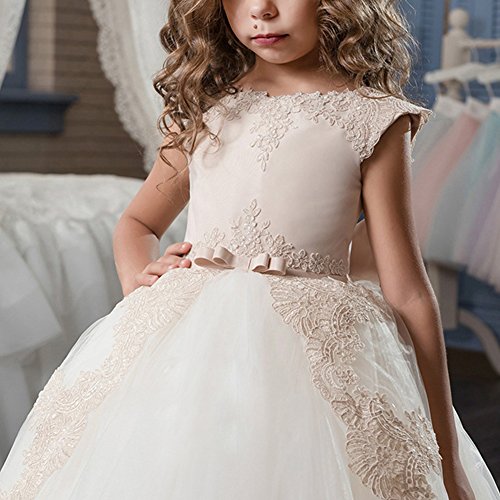 IBTOM CASTLE Vestido de niña de Flores para la Boda Niñas Niños Largo Gala Encaje De Ceremonia Fiesta Elegantes Comunión Paseo Baile Pageant #9 Beige + Blanco 12-13 años