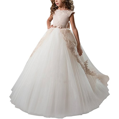 IBTOM CASTLE Vestido de niña de Flores para la Boda Niñas Niños Largo Gala Encaje De Ceremonia Fiesta Elegantes Comunión Paseo Baile Pageant #9 Beige + Blanco 12-13 años