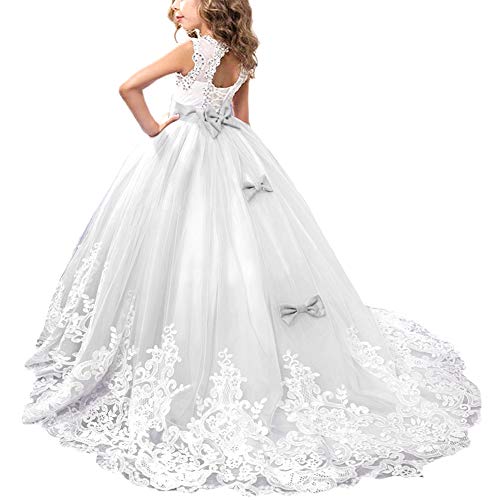 IBTOM CASTLE Vestidos de Comunión Elegante de Niña Vestidos Floral Largos de Encaje Flores para la bodade Fiesta Ceremonia #6 Blanco 12-13 años
