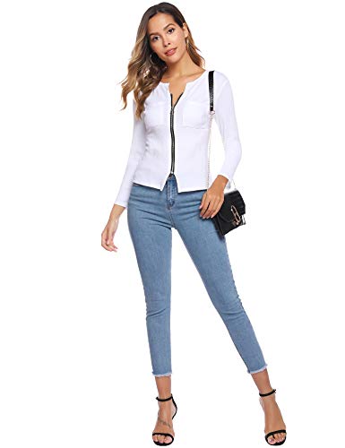 iClosam Blusa De Mujer Camisa AlgodóN Mangas Largas Zipper Slim Fit Camiseta Polsillo Escote V