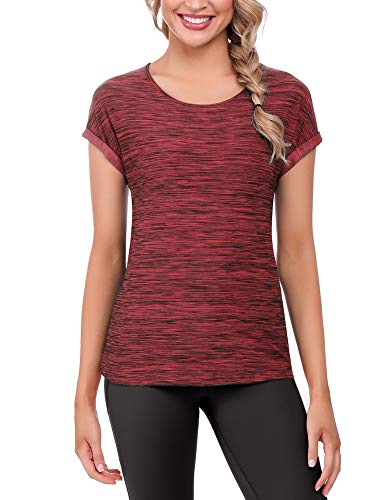 iClosam Camisetas Deporte Mujer Fitness Cuello Redondo BáSicas Seco RáPido Blusas Camisa Top Camiseta Mujers Running Manga Corta (Granate, L)