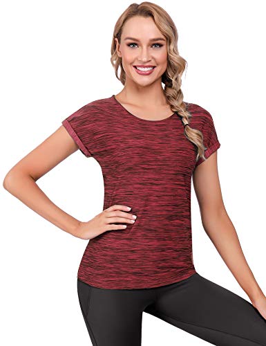 iClosam Camisetas Deporte Mujer Fitness Cuello Redondo BáSicas Seco RáPido Blusas Camisa Top Camiseta Mujers Running Manga Corta (Granate, M)